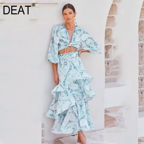 

v-neck lantern half sleeve binding short high waist totem printed cake long skirt suit women summer gx999 210421, White