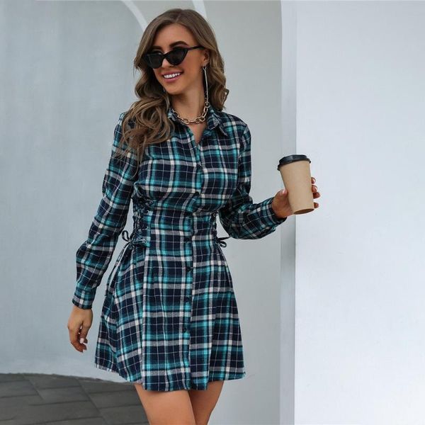 

casual dresses plaid shirt dress women long sleeve autumn fashion clothes 2021 slim lace up high waist a line mini green outfits, Black;gray