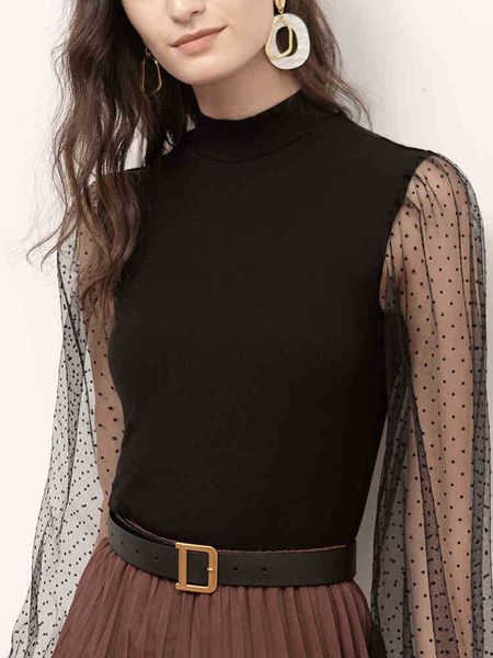 

women's t-shirt autumn and winter women's semi-high collar long-sleeved bubble sleeves tight online celebrity bottoming shirt puy9, White
