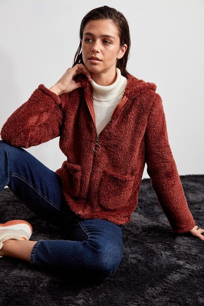 

women's jackets trendyol hooded soft plush coat twoaw20mo0063, Black;brown