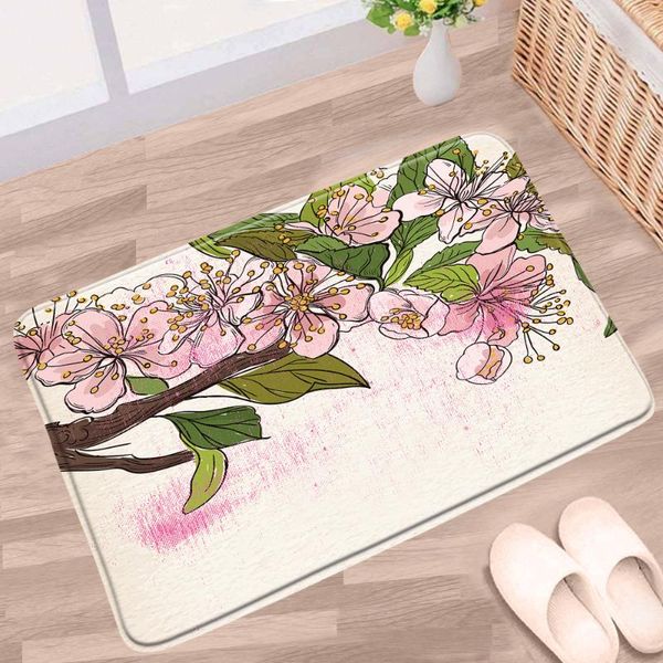 

bath mats pink flowers cherry blossom bathroom mat peach floral plant green leaf non-slip rug flannel home decor kitchen entrance carpets