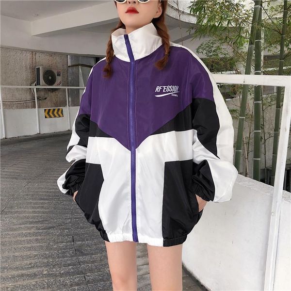 

women's jackets women patchwork color loose zippered stand collar tracksuit windbreaker coats hip hop female streetwear outwear, Black;brown