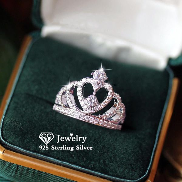 

cluster rings for women 925 silver crown cubic zirconia bridal wedding fine jewelry engagement propose ring luxury accessories 1568, Golden;silver