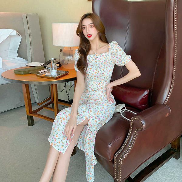 

french sweet print dress women square neck puff sleeve a-line es summer bohemian split midi 210529, Black;gray