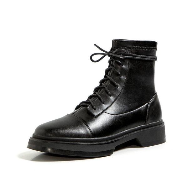 

boots 2021 pu leather ankle round toe casual shoes autumn winter square heel lace up women party size 34-43 55cj, Black