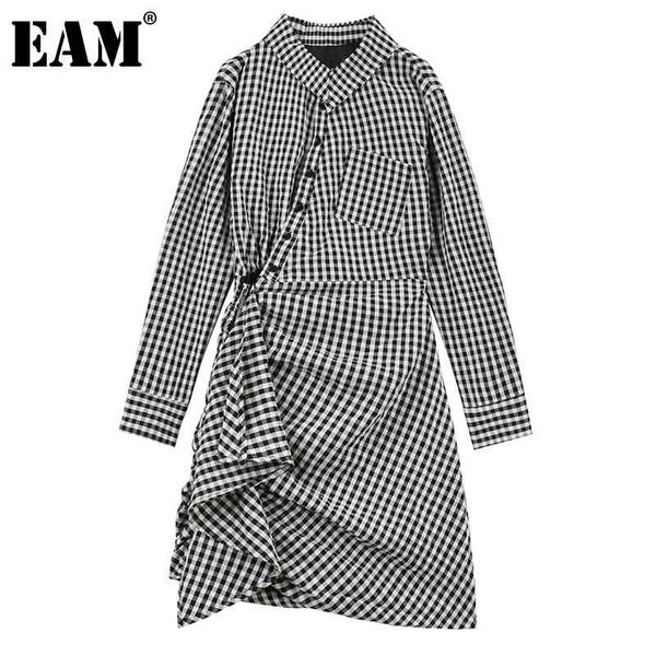 

[eam] women black plaid irregular big size dress stand collar long sleeve loose fit fashion spring autumn 1dd6312 210512, Black;gray