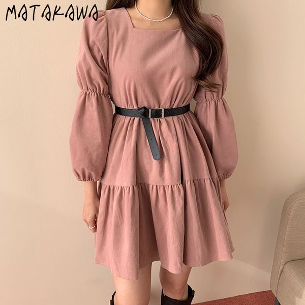 

matakawa spring sweet square neck woman dress loose puff sleeve femme robe korea chic corduroy doll dresses with belt women 210513, Black;gray