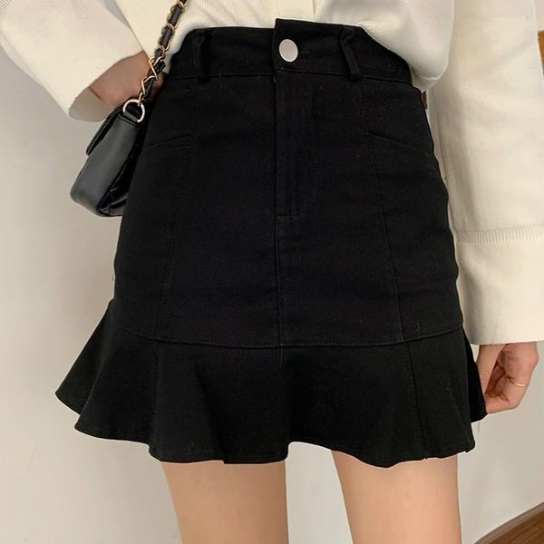 

skirts women empire & club skirt vintage summer solid ruffles a-line mini slim simple chic wild feamle fashion, Black