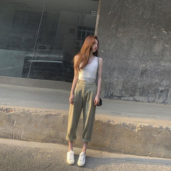 

women 2021 summer two-piece suits female fashion solid color o-neck sleeveless ladies loose harem pants sets k176 women's two piece, White