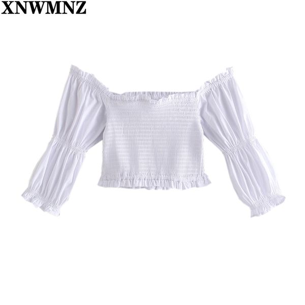 

summer smocked crop women blouse white short sleeve female thin square neck sweet girl shirt elastic hem 210520