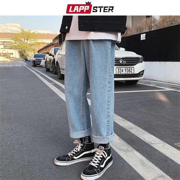

lappster men loose baggy blue jeans mens casual korean fashions harem pants male oversized black high waisted denim pants 211120