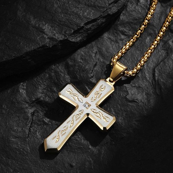 

pendant necklaces european and american creative bevel corrosion three color titanium steel cross necklace, Silver