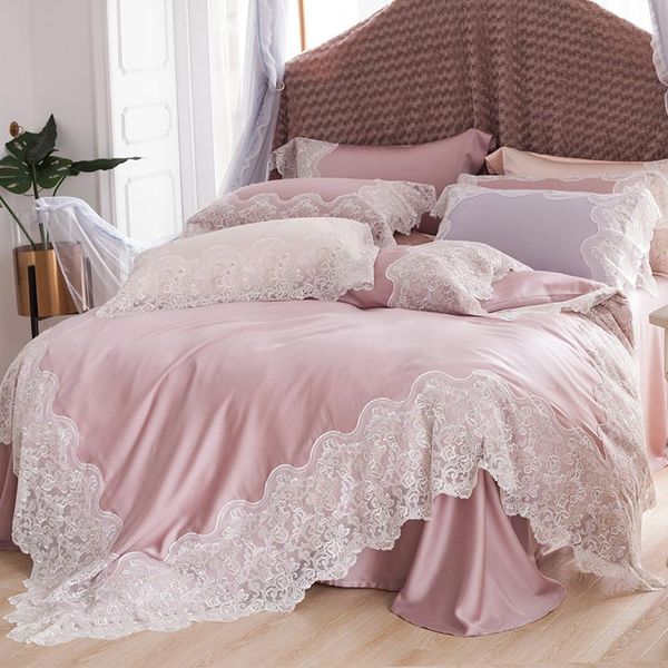

bedding sets luxury pink blue 100s tencel silk princess girl set white lace edge duvet cover bed sheet pillowcases linen