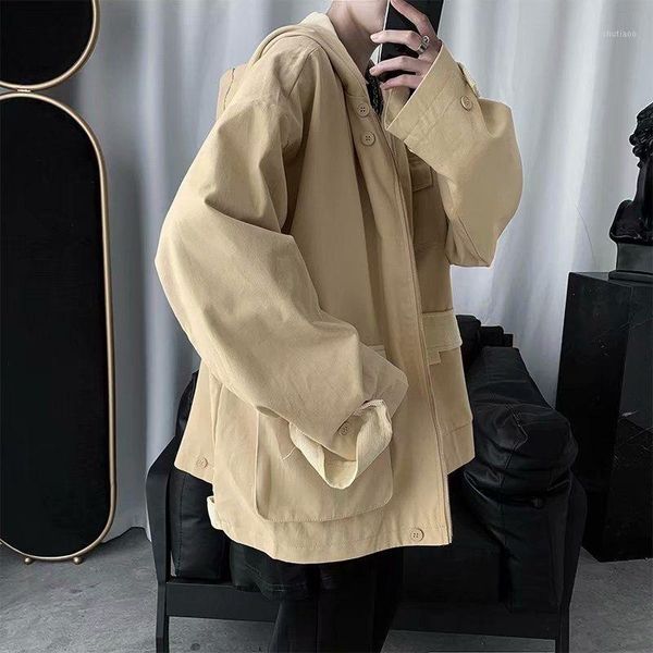 

men's jackets 2021 spring tide hip hop frock hooded jacket for casual outdoor kpop holiday, Black;brown