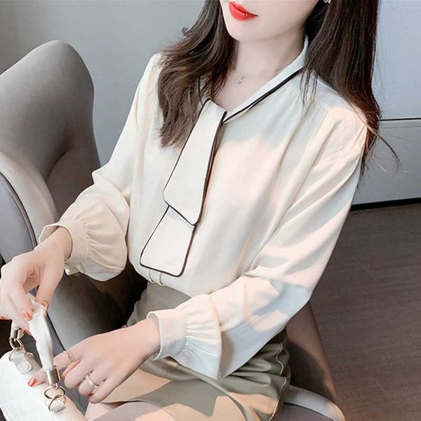 

korean women blouse shirts s long sleeve woman vintage chiffon v-neck plus size 210604, White