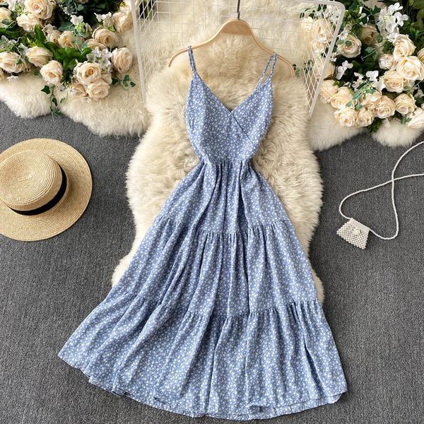 

singreiny women floral strap dress korean v neck sleeveless backless a-line dresses summer boho print ruched ruffles beach dress 210419, Black;gray