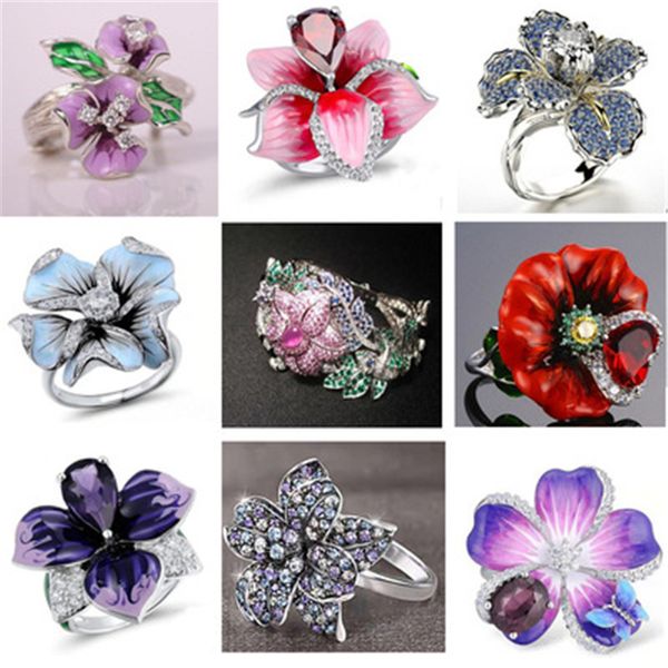 

exquisite leaf flower ring ladies women's rhinestone rings jewelry creative gemstone women accessories, Golden;silver