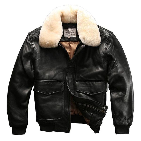 

men's leather & faux genuine jacket layer sheepskin large wool collar warm flight suit coat, Black