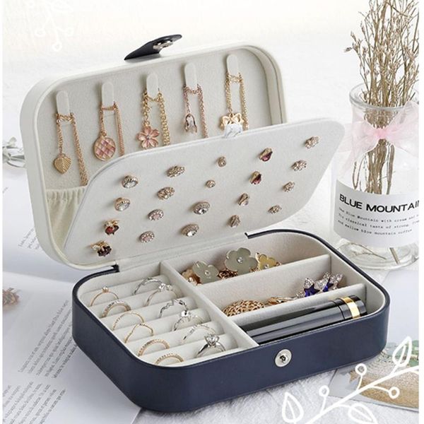 

jewelry pouches, bags box with mirror casket portable makeup organizer beauty travel bracele necklace holder gift packaging, Pink;blue