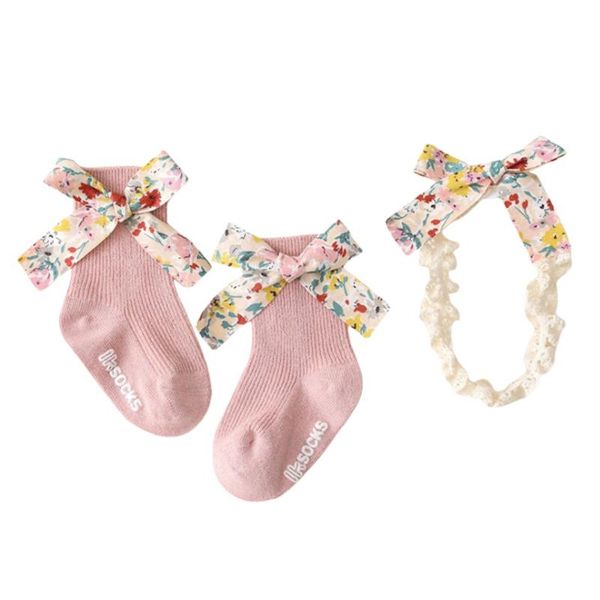

socks 2pcs baby girls lace with headband infant floral printing born floor sock toddler hair bows, Pink;yellow