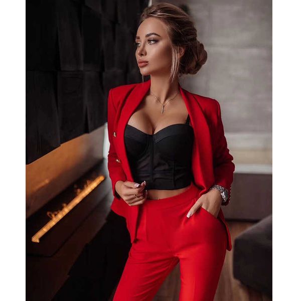 Drop Ship Pink Red Pants Suit Donna Business Classic Gold Doppiopetto Button Blazer Due pezzi Completi Abiti formali 210930