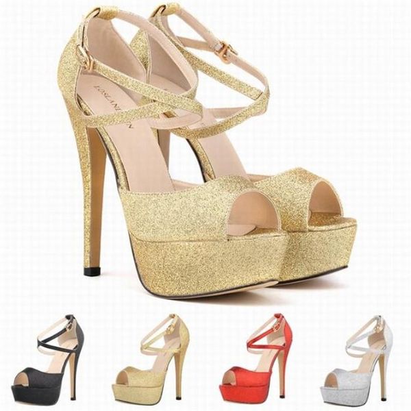 

women sandals wedding thin high heels summer brand woman pumps peep toe sequined cloth 14cm buckle strap rhinestones bling, Black