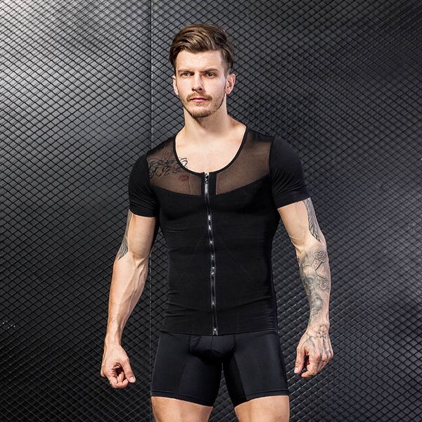 

men's tracksuits fashion summer active elastic mesh cloth ny breathable nylon black white fitness joggers zipper cardigan shaper, Gray