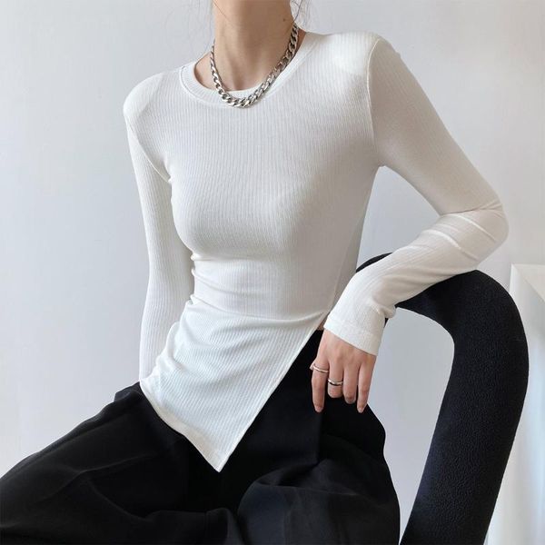 

women's t-shirt 2021 sense padded shoulder long-sleeved slit slim-fitting round neck pullover bottoming shirt, White