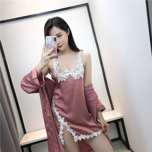 

women's sleepwear 2pcs pijama home nightwear lingerie spring nightdress lace robe suit gown set women v-neck cami nighties, Black;red