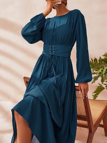 

lantern sleeve grommet lace-up dress she, Black;gray