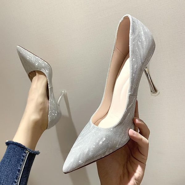 

dress shoes high heels woman party sequins silver glitter pointed stiletto pumps women 5cm 7cm 9cm, Black