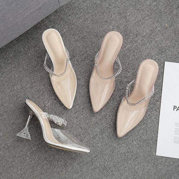 

explosion models transparent rhinestone pointed heel sandals, Black