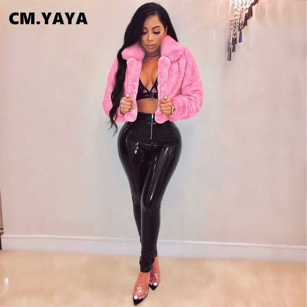 CM.Yaya Mulheres Inverno Faux Fur Cabedetes Sólidos Streetwear Moda Manga Longa Ponto Aberto Casacos Slim 211018