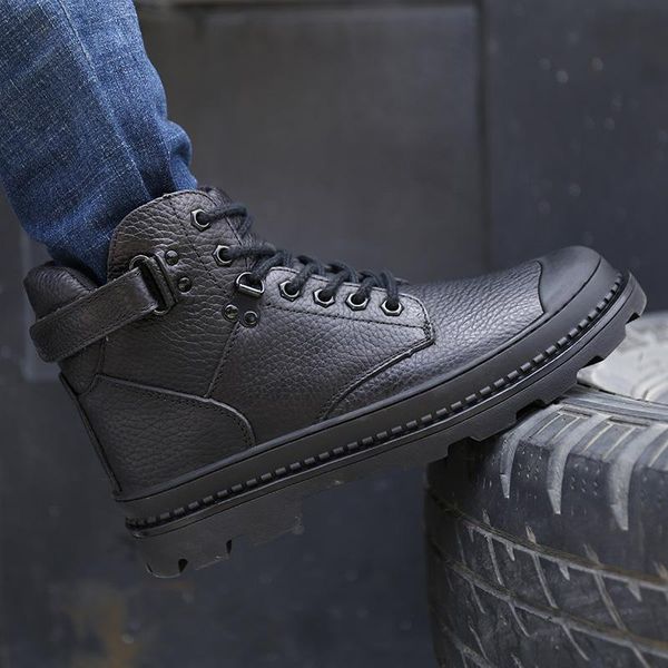 

boots genuine leather men winter ankle riding plush warm outdoor working snow shoes 2021, Black