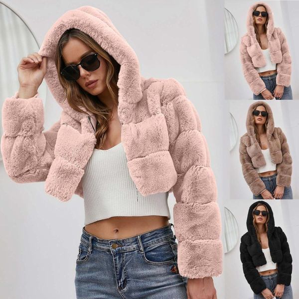 

women's fur & faux plus size jacket winter thick plush mink turn down collar long sleeve zipper slim short woman coat veste, Black
