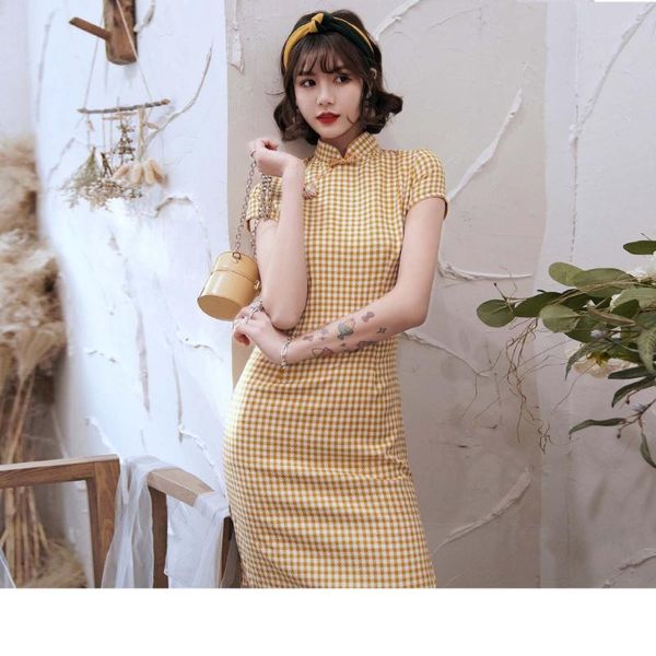 

ethnic clothing 2021 fashion cheongsam short dress women cotton slim vintage qipao checkered party dresses, Red