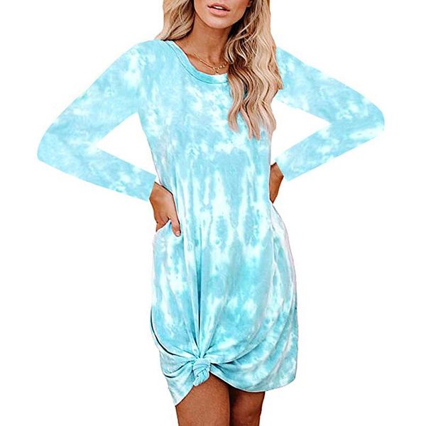 

casual dresses autumn and winter ladies's o-neck tie-dye gradient long sleeve knotted printed dress ladies loose irregular, Black;gray