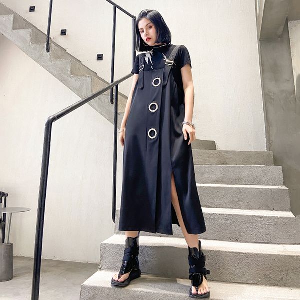 

2021eam women black hollow out vent split big size strapless dress new sleeveless loose fit fashion tide spring summer 2021 1t768, Black;gray