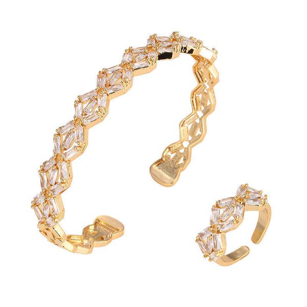 Top Qualität Geometrische Mehrreihige Voller Zirkonia Armreif Ring Set für Frauen Dubai Braut Hand Armreifen Vergoldung Q0720