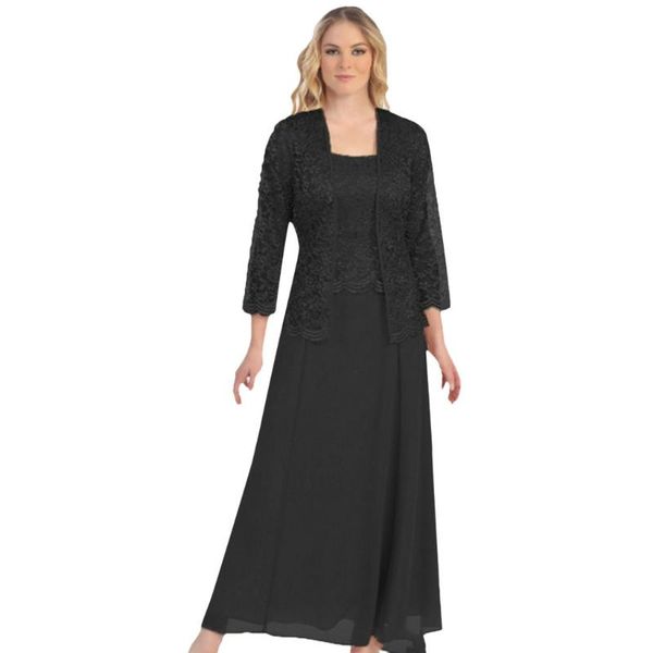 

casual dresses lace long party dress vintage sleeve wedding guest two piece formal mother of the bride elegant #g2, Black;gray