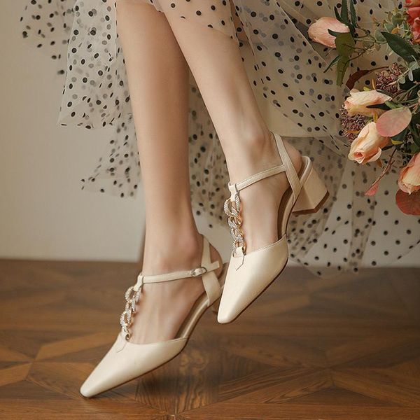 

genuine leather design sense sandals women thick heel high summer pointed toe crystal white women's shoes, Black