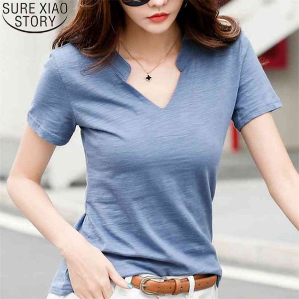 

summer loose shirt short-sleeved fashion women v-neck t-shirt cotton casual bottom lady female 14184 210510, White