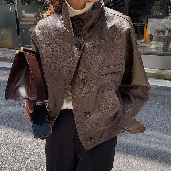 

women's jackets korean autumn all-match stand-up collar single-breasted loose casual long-sleeved motorcycle pu leather short jacket wo, Black;brown