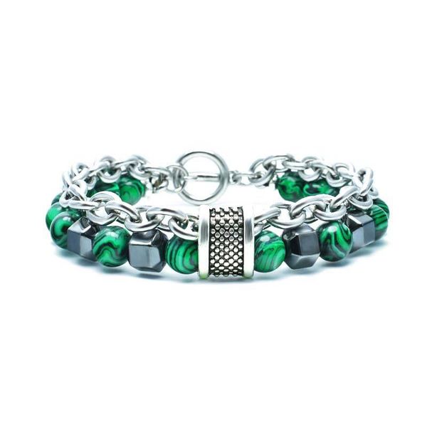 

charm bracelets natural stone beads bracelet malachite for women men stainless steel chian male hip hop jewelry, Golden;silver