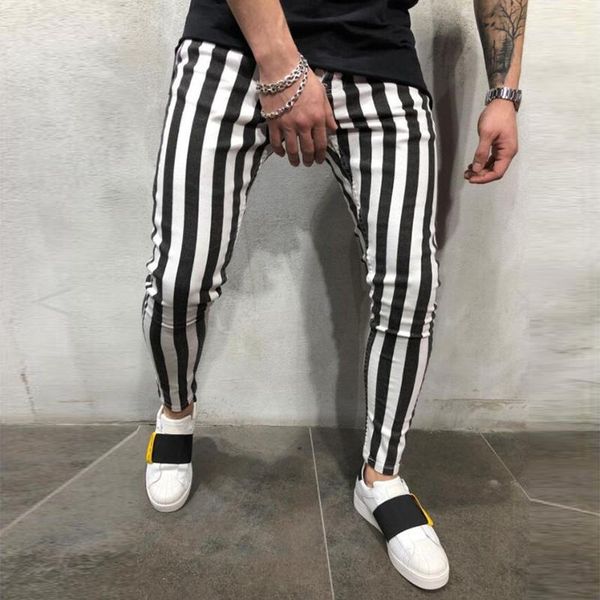 

men's pants sale vintage striped plaid print pencil mens spring summer elastic skinny trousers casual men clothing fashion streetwear, Black