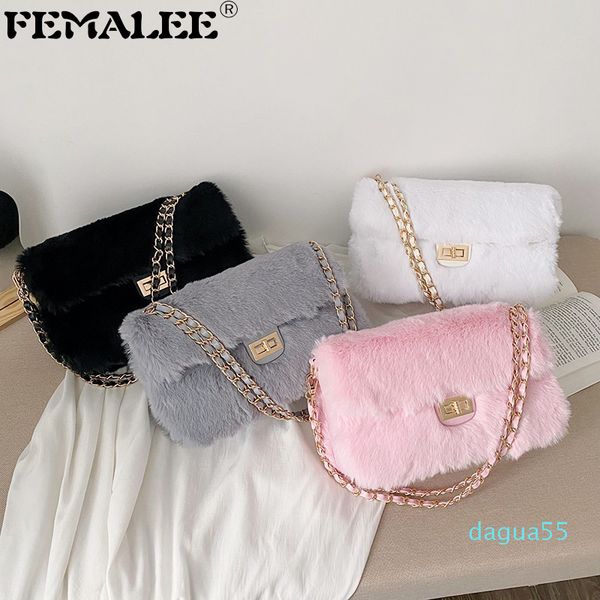 

luxury women's bag faux fur pure color flap handbags winter designer plush double strap shoulder sac elegant girl crossbody bags q1208