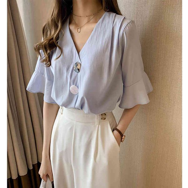 

women chiffon blouse short sleeve summer fashion female casual soild thin shirt v-neck blouses pullover plus size 4xl 210423, White