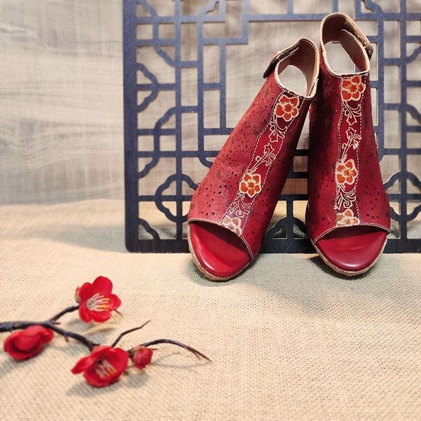 

boots high heeled shoes women's summer 2021 flower hollowed out breathable national style thick sandals, Black