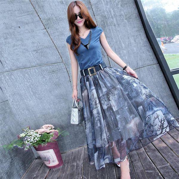 

skirts women two piece set and skirt fashion female slim clothing summer print chiffon lwl245, Black