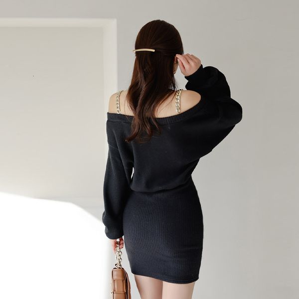 

casual dresses new long sleeve off shoulder strap women bodycon mini knitted one word collar solid slim ladies clothes z2qz, Black;gray
